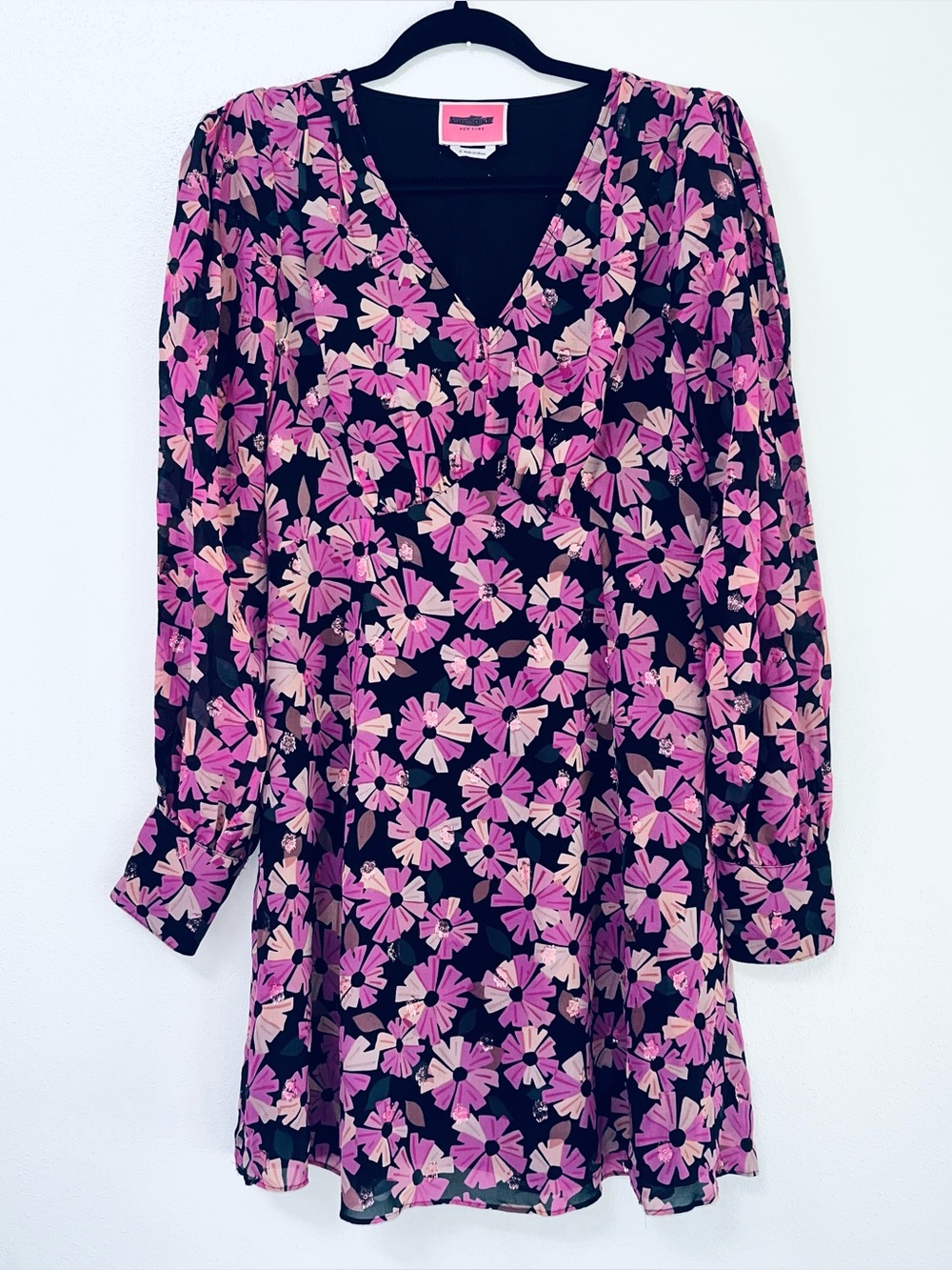 Kate Spade Wallflower Chiffon Midi Dress EUC V-Neck Pink Black Silk SZ 6